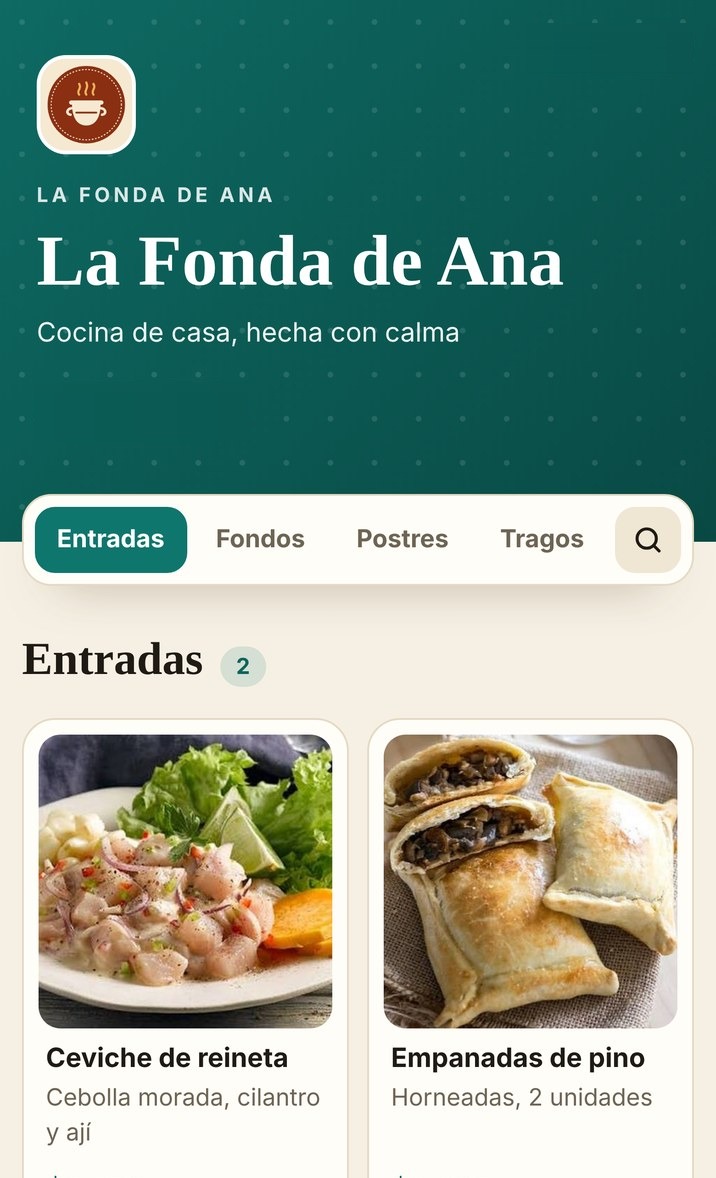 Carta digital con fotos grandes de ceviche y empanadas